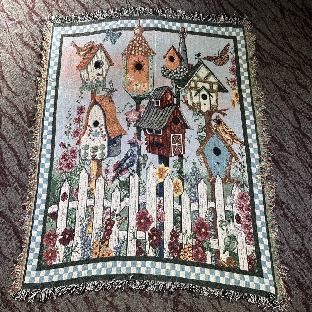 Afghan Tapestry Birdhouse Birds Butterflies  Flowers Picket Fence 48" W X 60"L